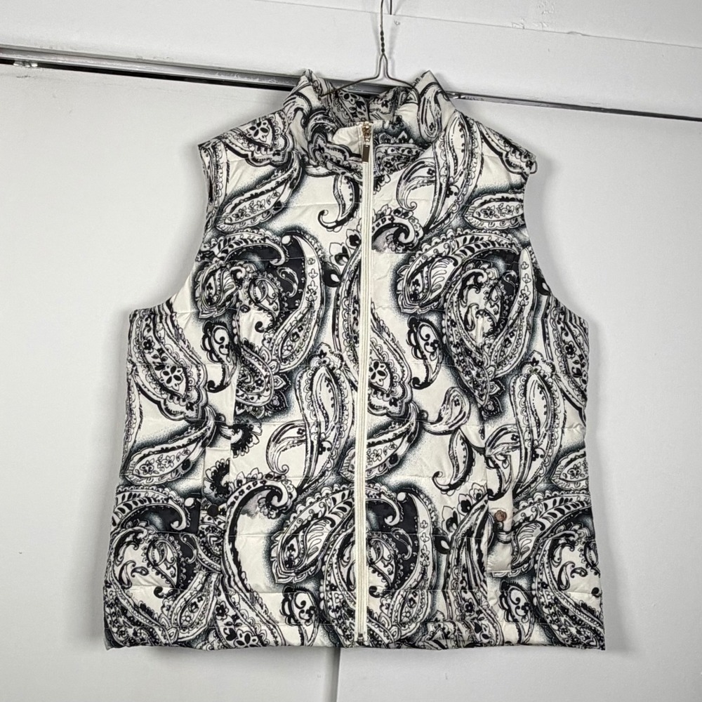 Charter Club Womens XL Paisley Puffer Vest Black White Bandana‎ Quilted Zip Up